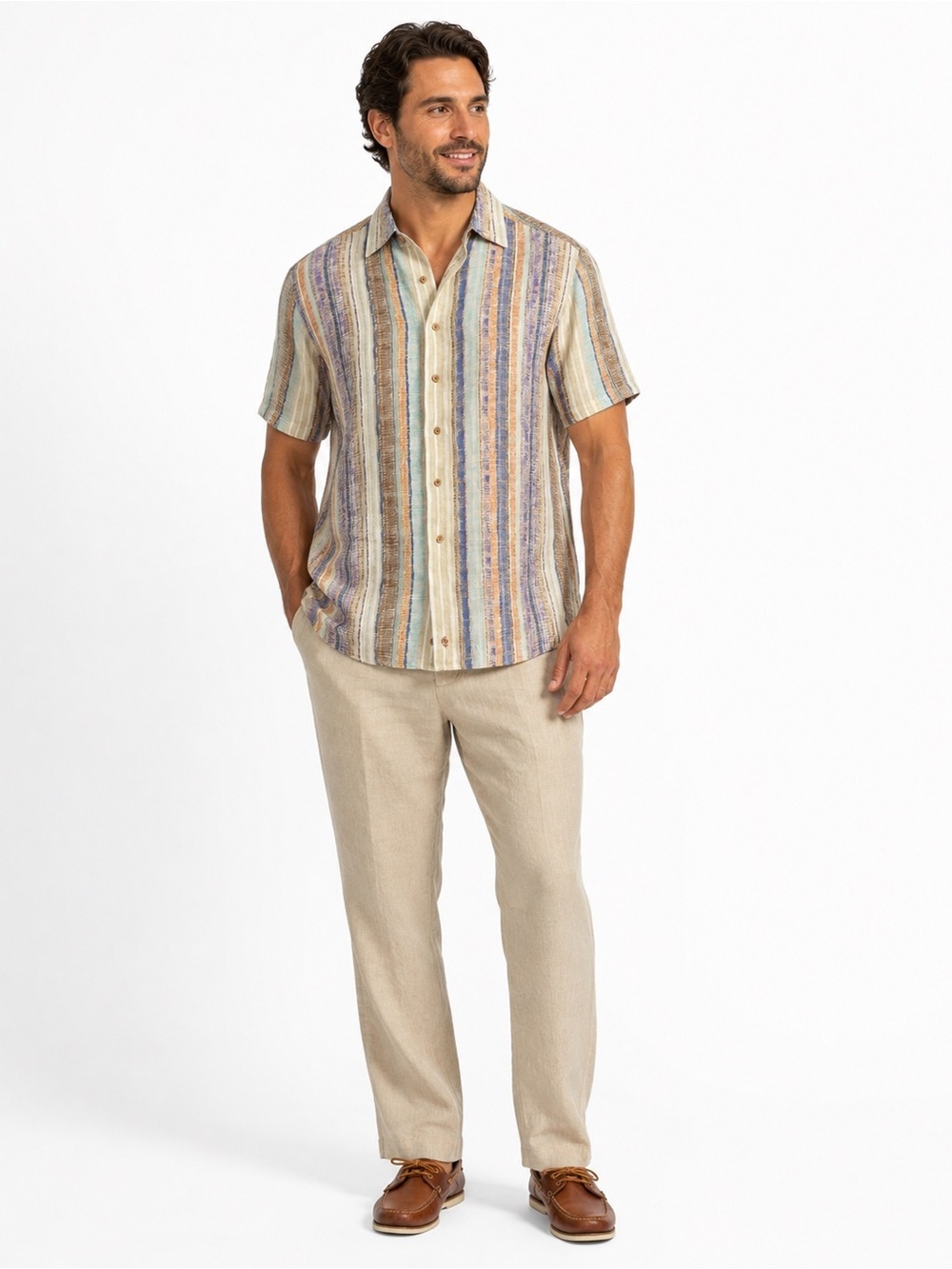Robert Graham Linen Button-Up Shirt Large Multicolor Striped Short Sleeve miami